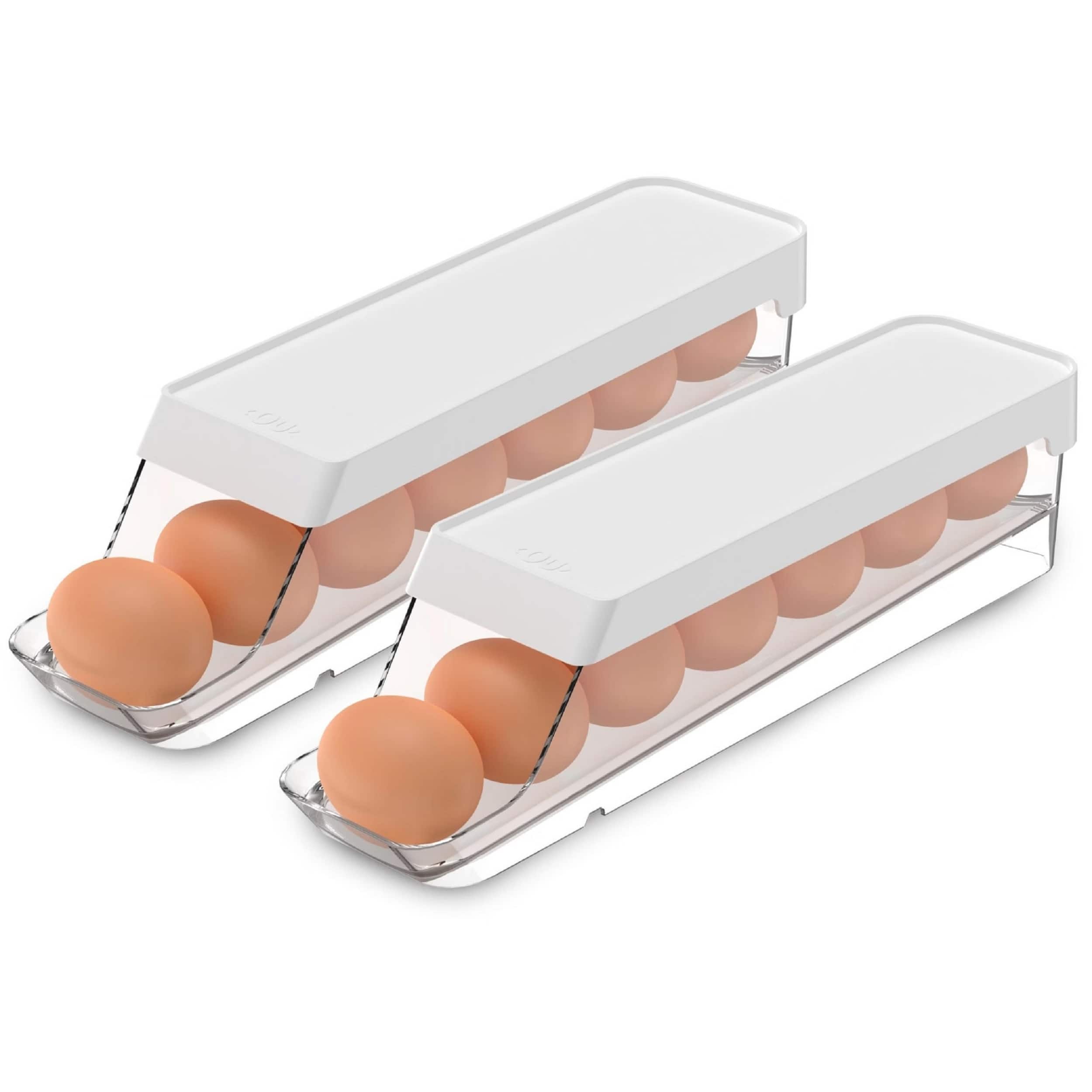 OU - Egg Holder for Fridge, Rolling Egg Organizer for Refrigerator Organization, Clear Container 2 Pc