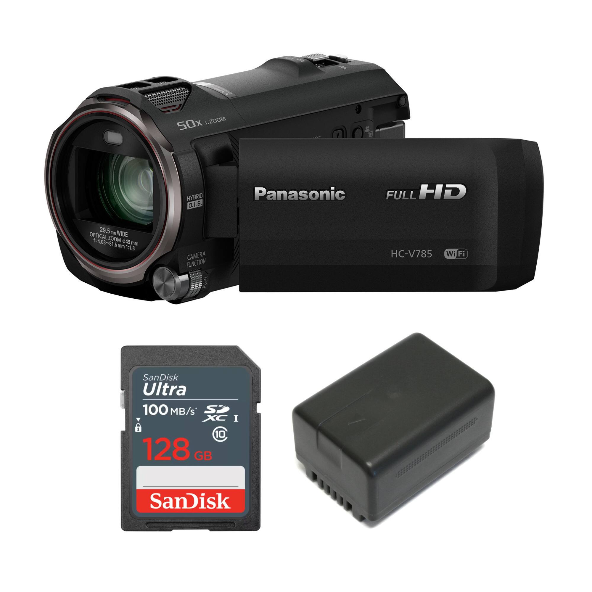 50x 1:2.3 ZOOM HYBRID O.L.S. Panasonic FULL HD 29.5 - WIDE OPTICAL ZOOM 14:1.6-42.8mm 1:1.8-2.8 140681 CAMERA FUNCTION HC-V785 Wi-Fi SanDisk Ultra 100 MB/s SPI XC I C 10 128 GB SanDisk