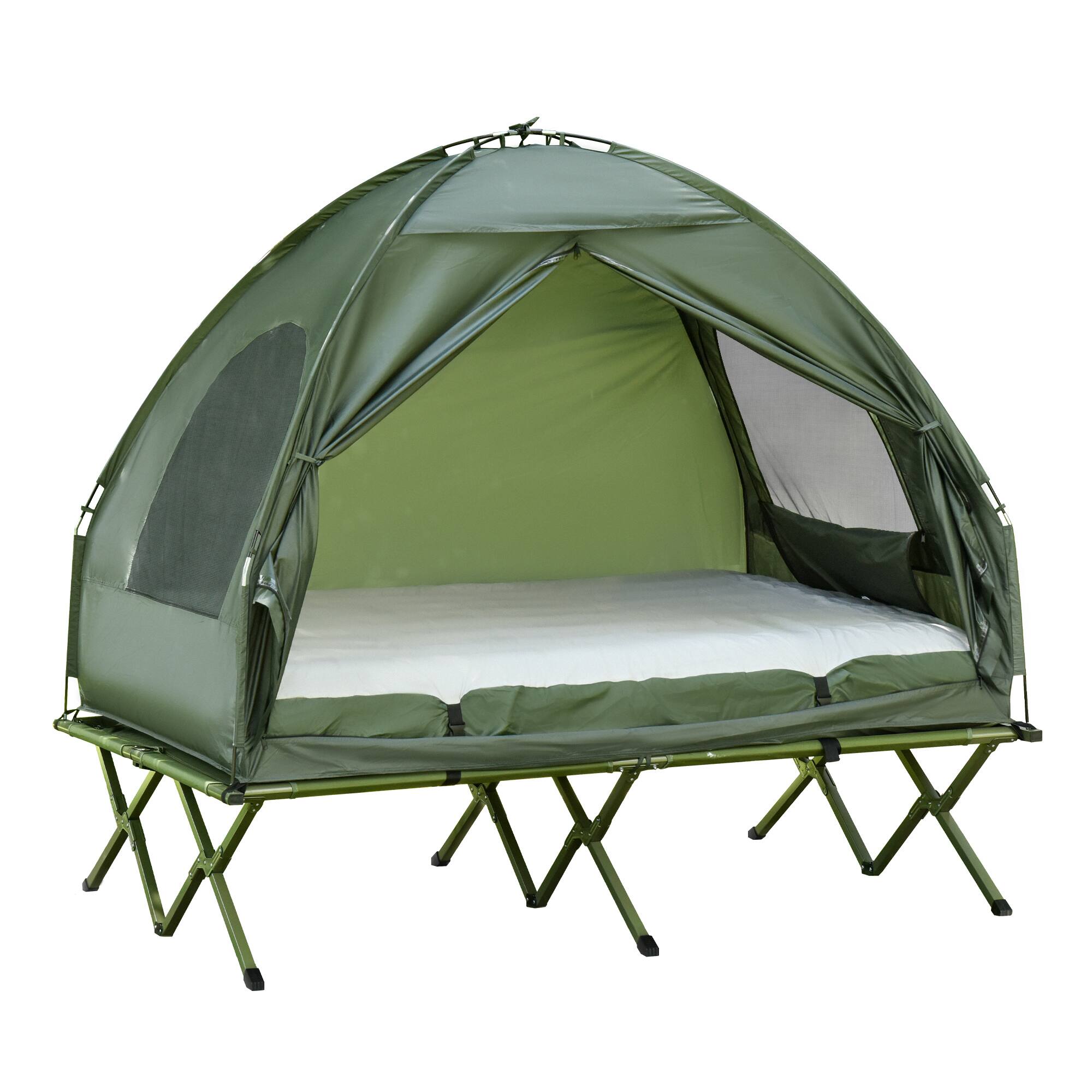 Outsunny - 2-Person Tent Cot, 4-in-1 Folding Tent Combo with Air Mattress, Foot Pump, Carry Bag, Off Ground Travel Cot - Dark Green