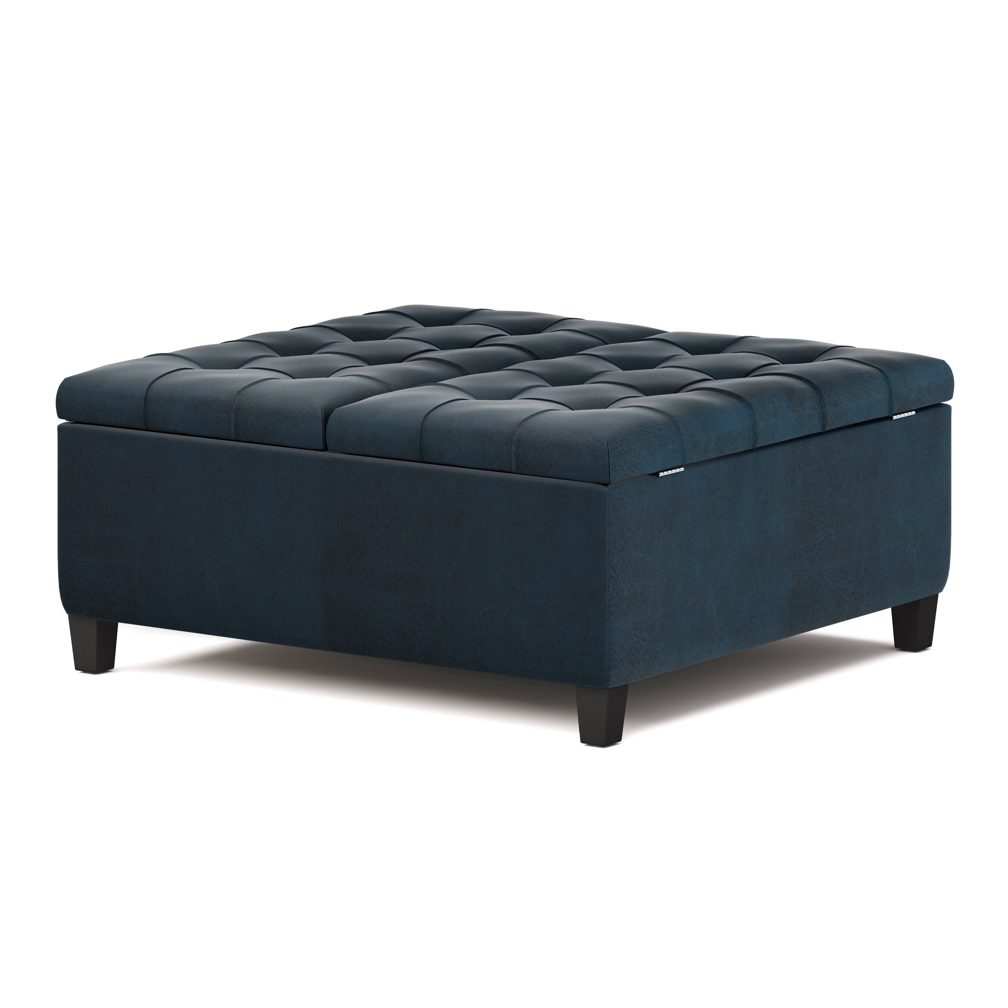 Angle. Simpli Home - Harrison 36 inch Wide Transitional Square Coffee Table Storage Ottoman in Distressed Dark Blue Faux Leather - Distressed Dark Blue.