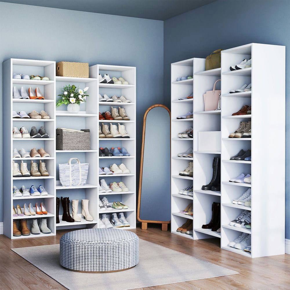 Front. Kadyn - 14-Tier Shoe Rack, White Shoe Storage Cabinet with 22 Open Cubbies, Shelf for Bedroom, Living Room Entrance Hallway - White.