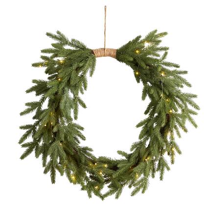 Front. BreeBe - 24" Holiday Christmas Pre-Lit Cascading Pine Wreath - Green.