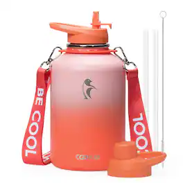 Coolflask - Insulated Water Bottle with Strap - Straw & Spout Lids - Keep Cold 48h - 64oz Orange