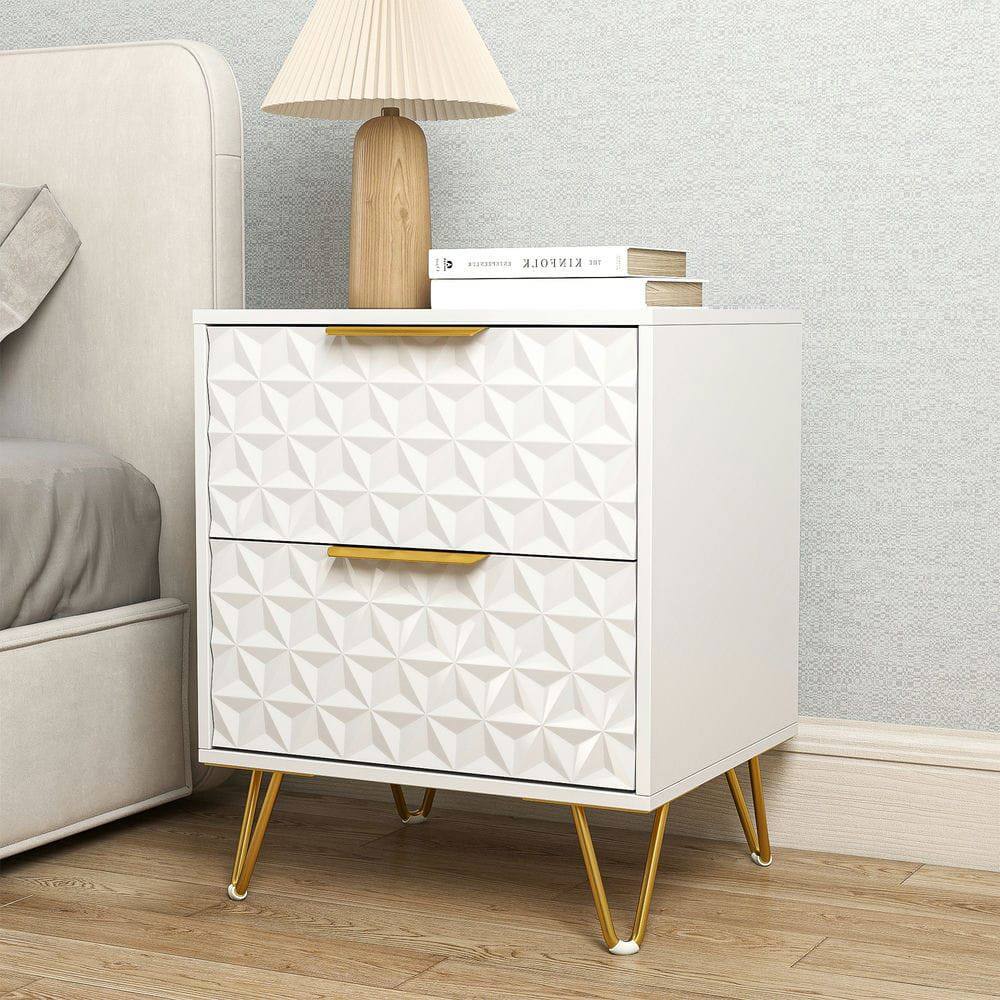 Kadyn - 2-Piece Diamond Pattern Nightstand Set with Gold Handles and Hairpin Legs - White