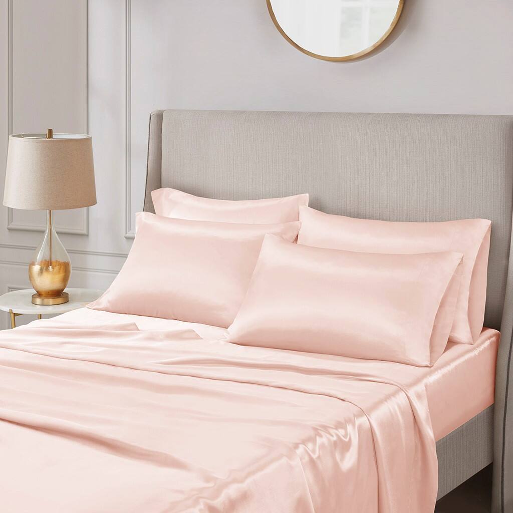 Alt View 1. Gracie Mills - Gracie Mills Coralie 6-Piece Wrinkle-free Satin Sheet Set - Blush.