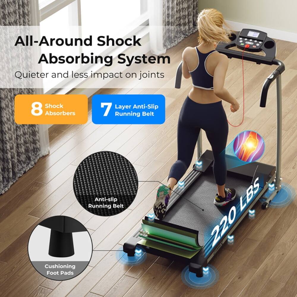 All-Around Shock Absorbing System  
Quieter and less impact on joints  

8 Shock Absorbers  
7 Layer Anti-Slip Running Belt  
Anti-slip Running Belt  
Cushioning Foot Pads  
220 LBS