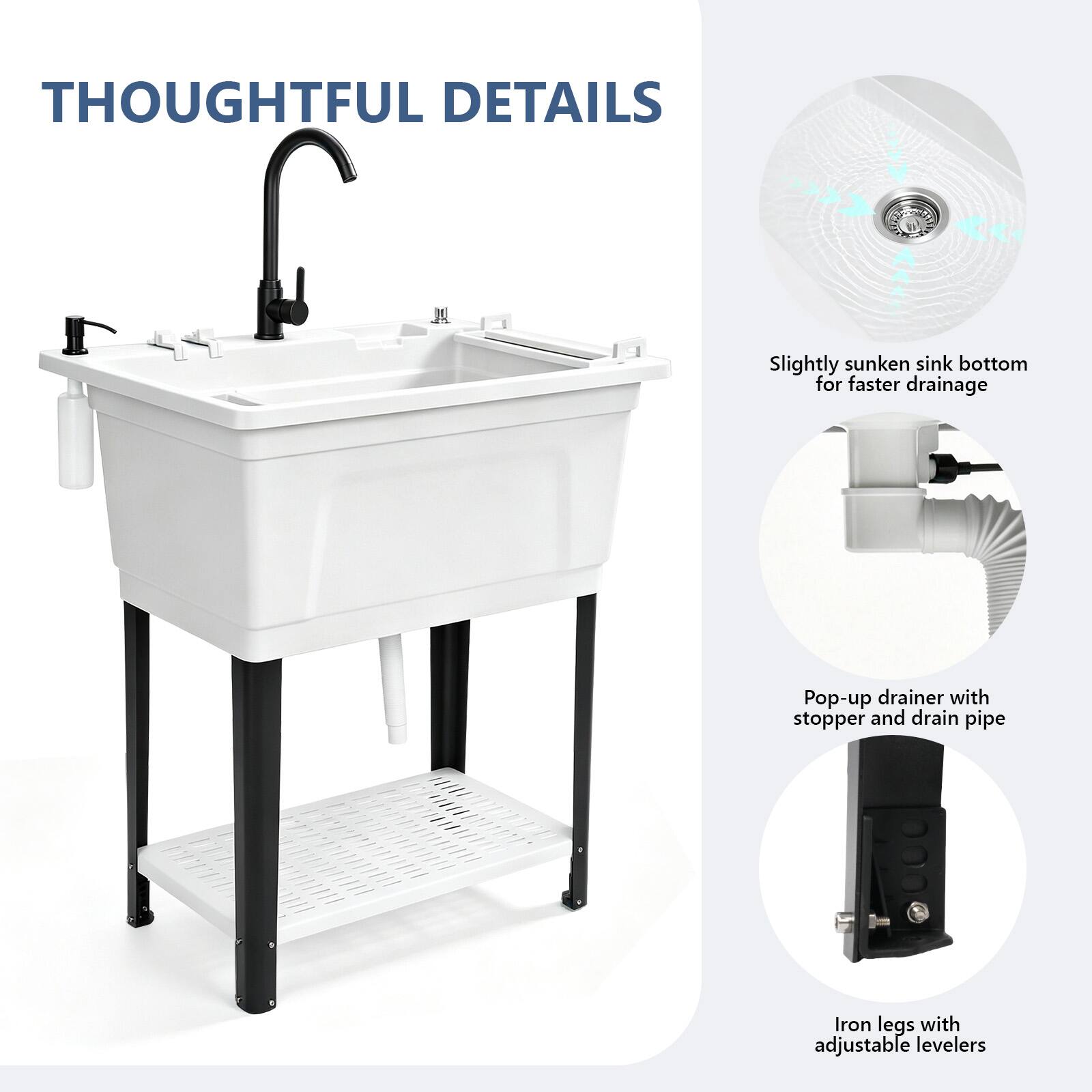 THOUGHTFUL DETAILS

- Slightly sunken sink bottom for faster drainage
- Pop-up drainer with stopper and drain pipe
- Iron legs with adjustable levelers