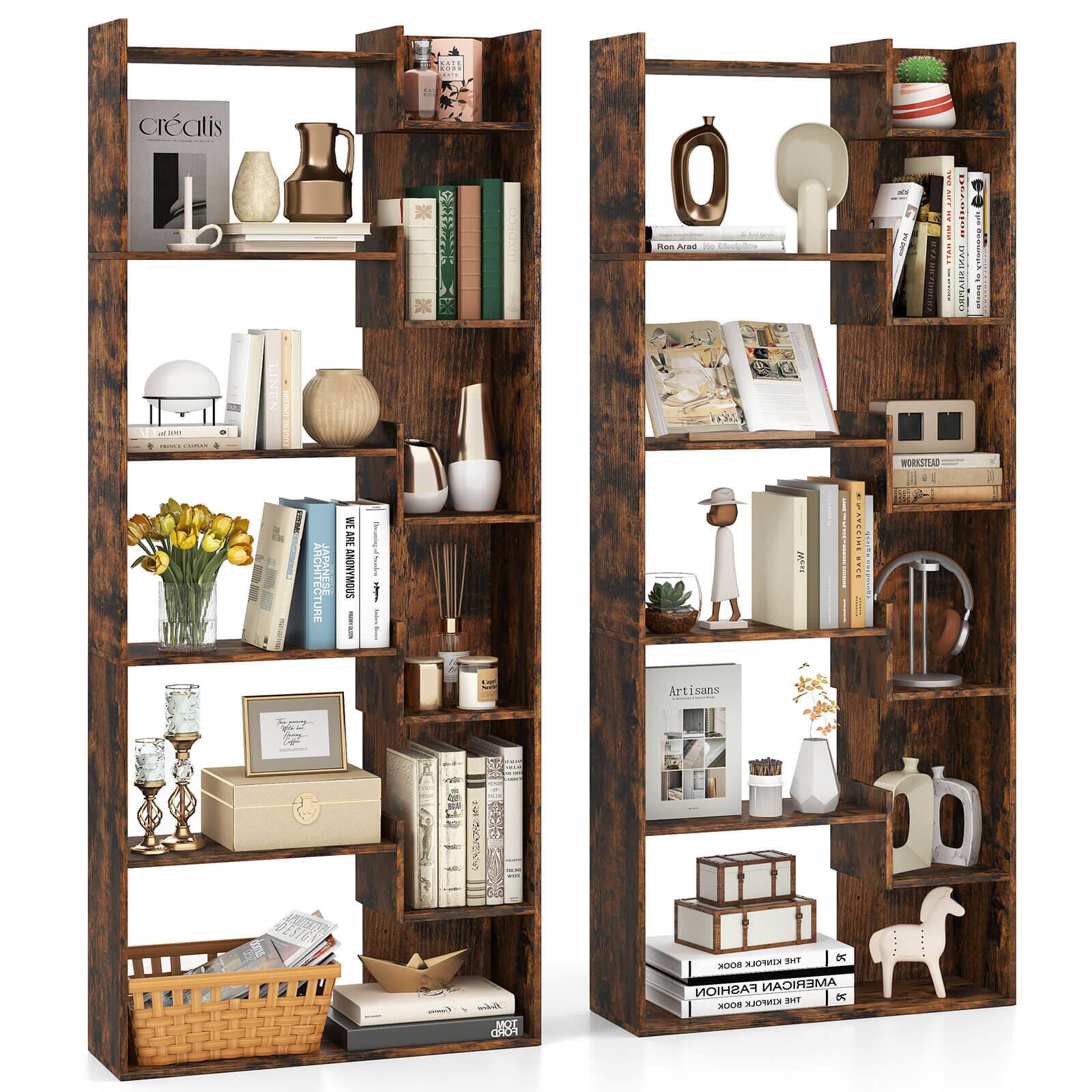 Costway - 2 PCS 6-tier Bookshelf Tall Display Shelf with 11 Open Shelves 2 Anti-tipping Kits - Brown