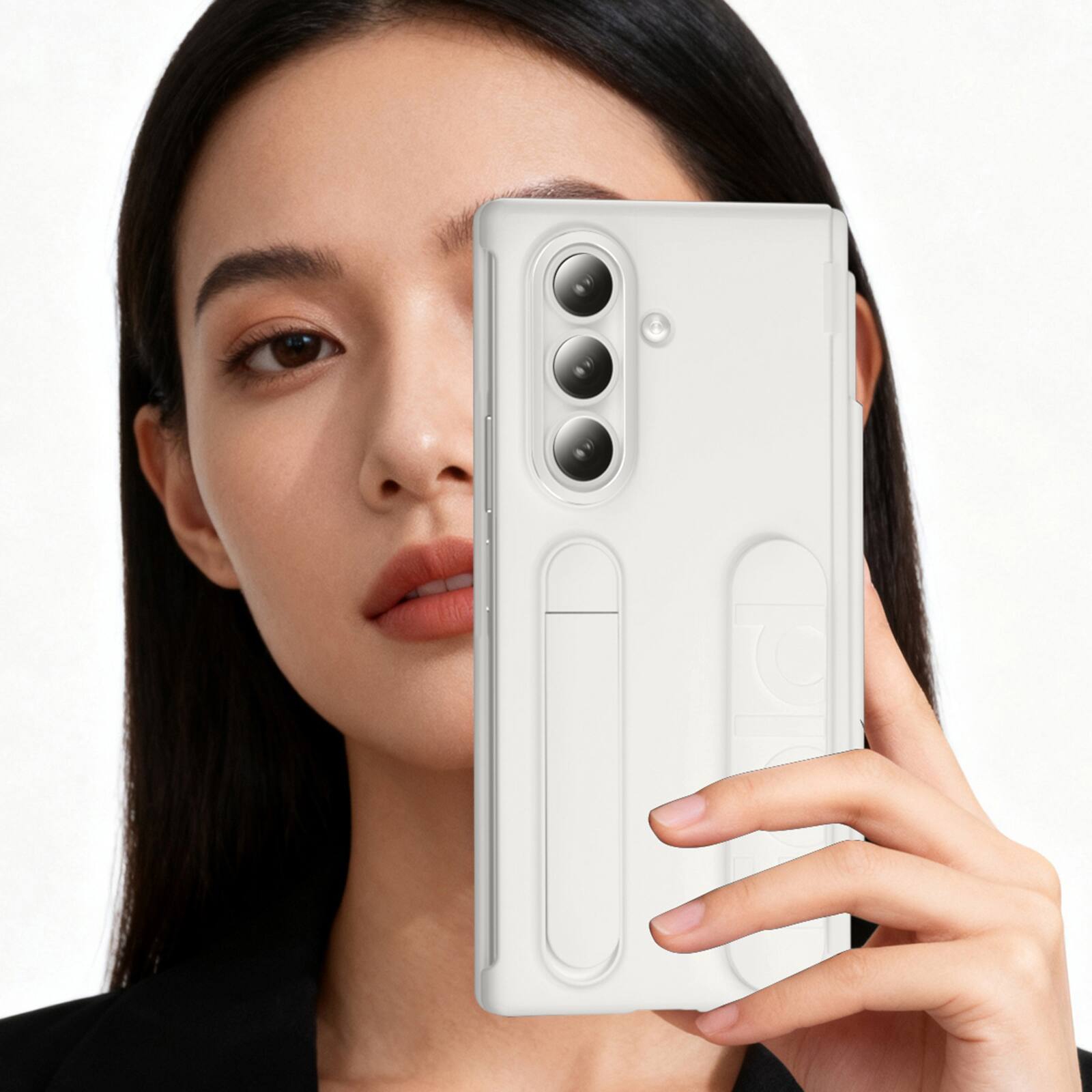 Back. Dteck - Shockproof Case for Samsung Galaxy Z Fold8 Ultra with Card Slot Stand Wristband, Hard PC Cover Built-in Screen Protector - White.