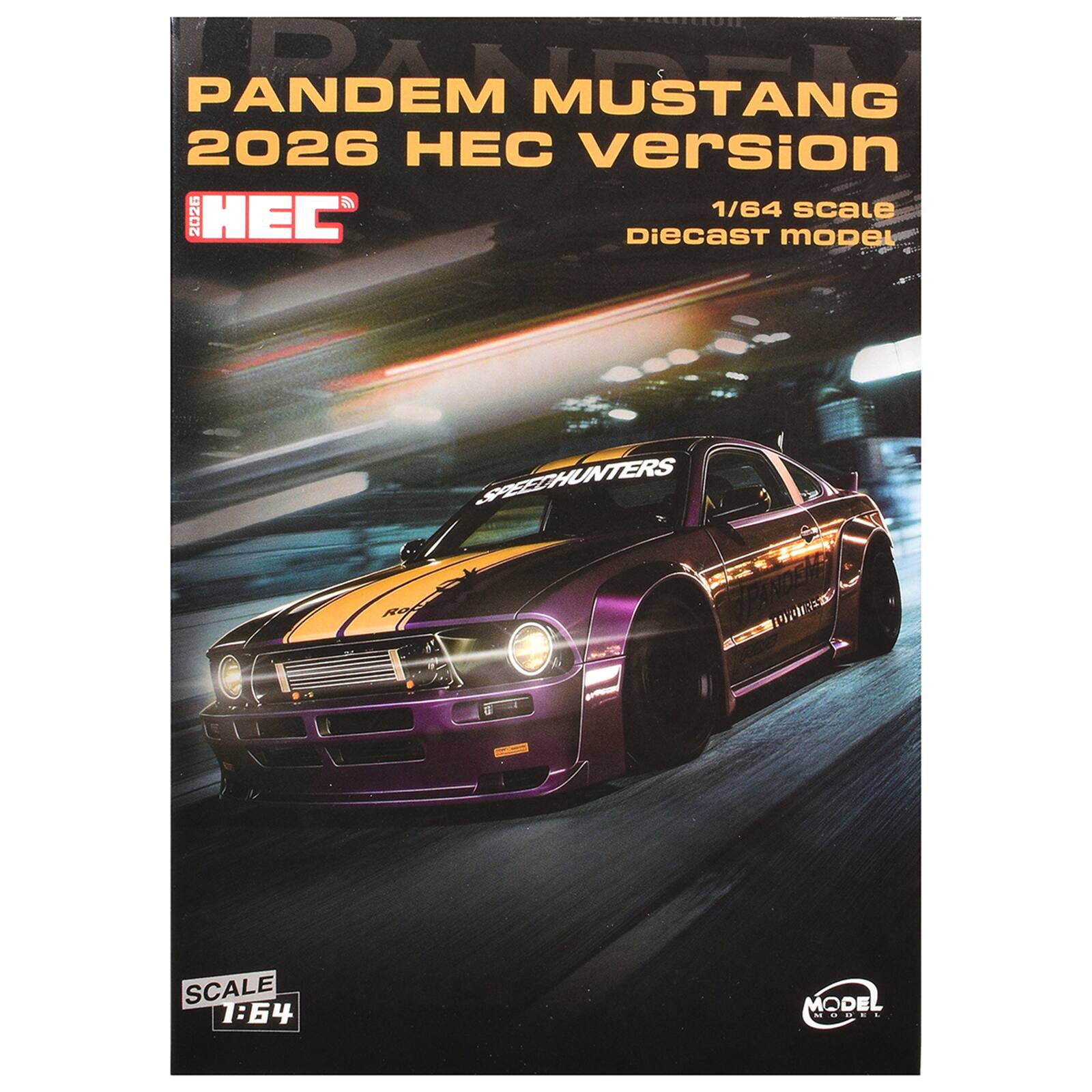 PANDEM RANDEL MUSTANG 2026  
2026 HEC version  
1/64 scale Diecast MODEL  
SPEEDHUNTERS  
SCALE 1:64  
MODEL MAKER