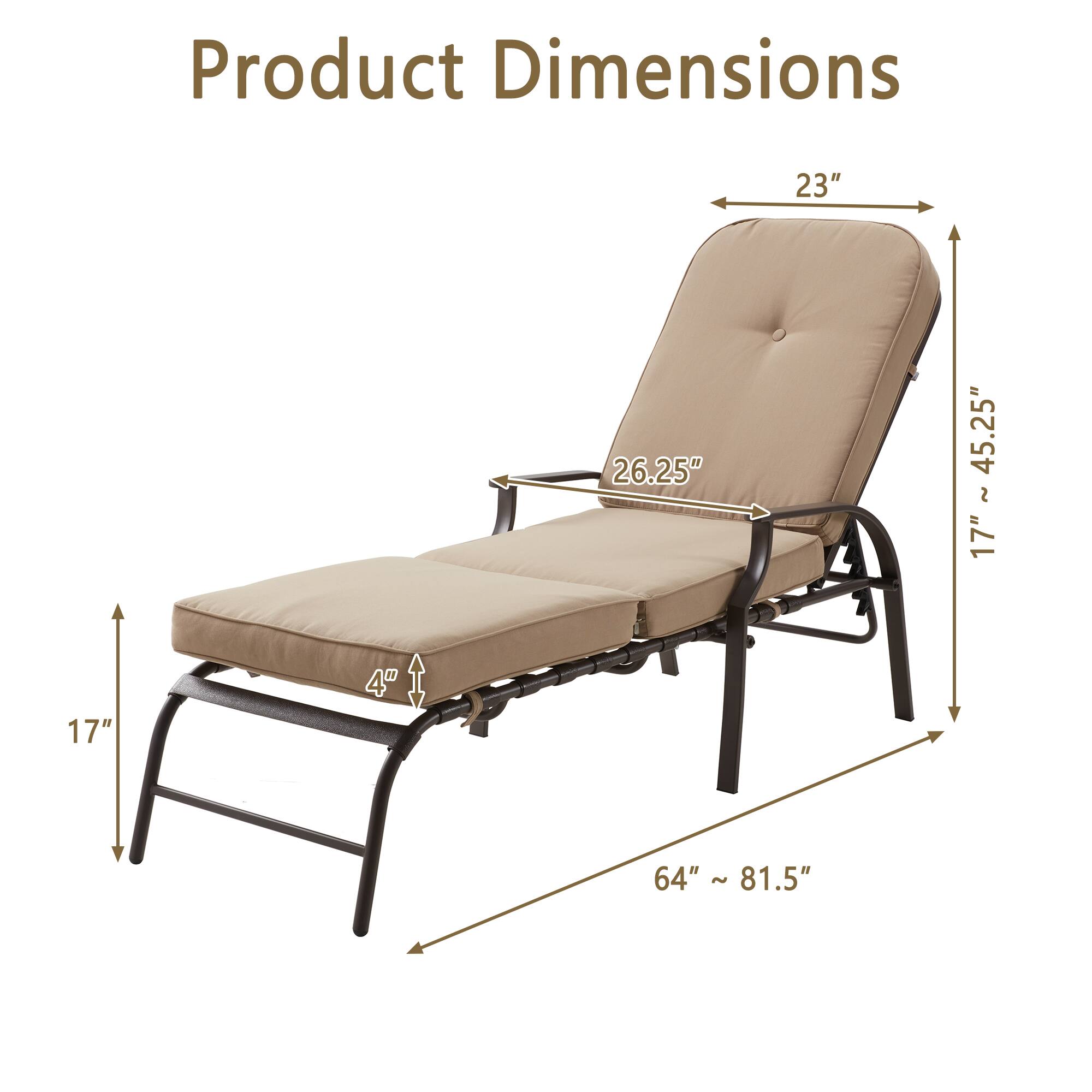 Product Dimensions

- Width: 23"
- Depth (backrest): 26.25"
- Height (backrest): 45.25"
- Height (seat): 17"
- Height (overall): 64" ~ 81.5"
- Height (leg rest): 4"