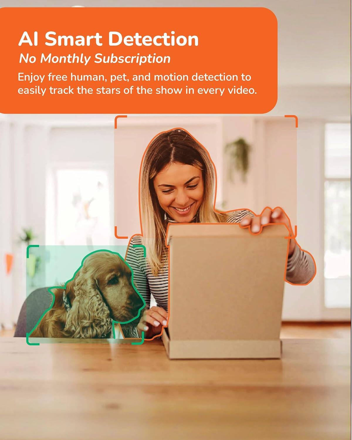 AI Smart Detection  
No Monthly Subscription  
Enjoy free human, pet, and motion detection to easily track the stars of the show in every video.