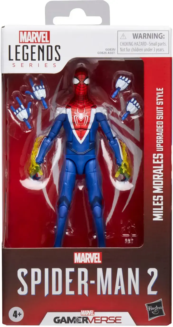 The image features a Spider-Man 2 action figure from the Marvel Legends series. The figure is in a red and blue suit and is posed in a dynamic stance. The packaging warns that the toy contains small parts and is not suitable for children under 3 years old. The figure is part of the Marvel Gamerverse collection, which includes other action figures and accessories.