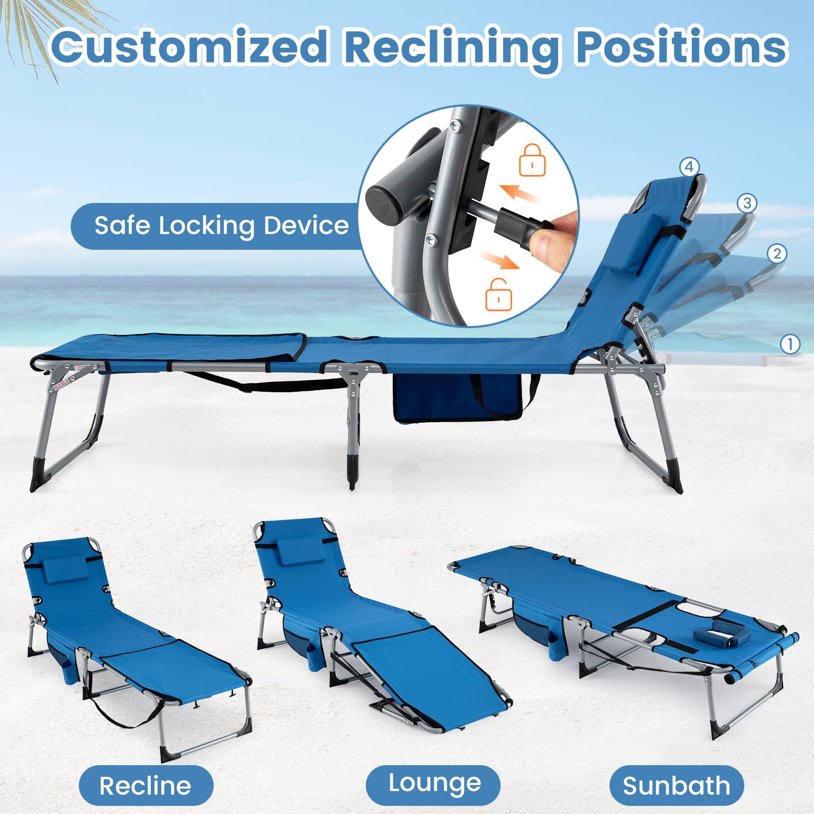 Customized Reclining Positions

Safe Locking Device

Recline

Lounge

Sunbath