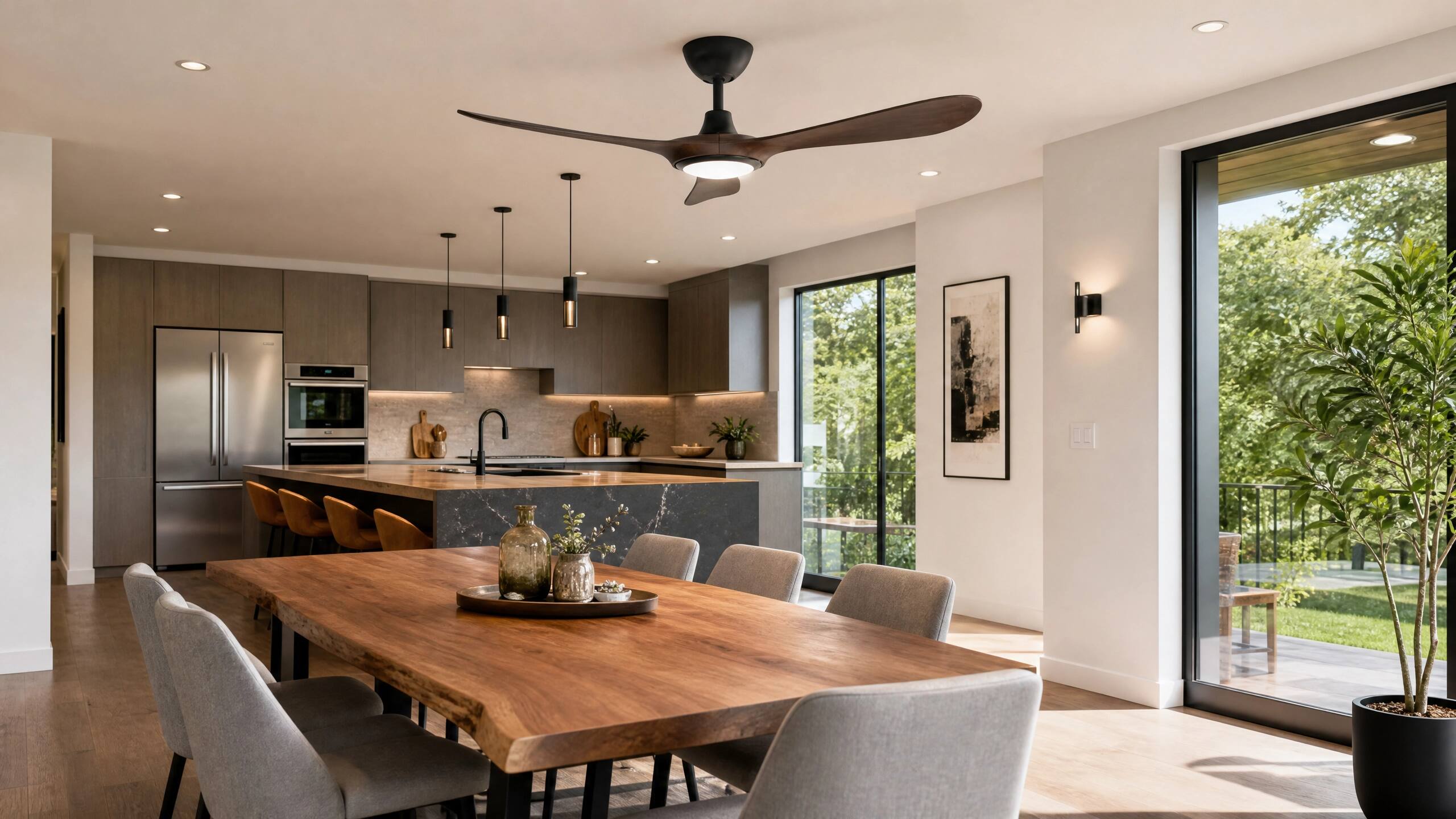 Left. ENLIGHT - 60" Smart Ceiling Fan, IP66 Outdoor/Coastal, CCT & Dimmable LED, Durable, Efficient + Quiet DC Motor, Matter, 3 Blades - Walnut Woodgrain.