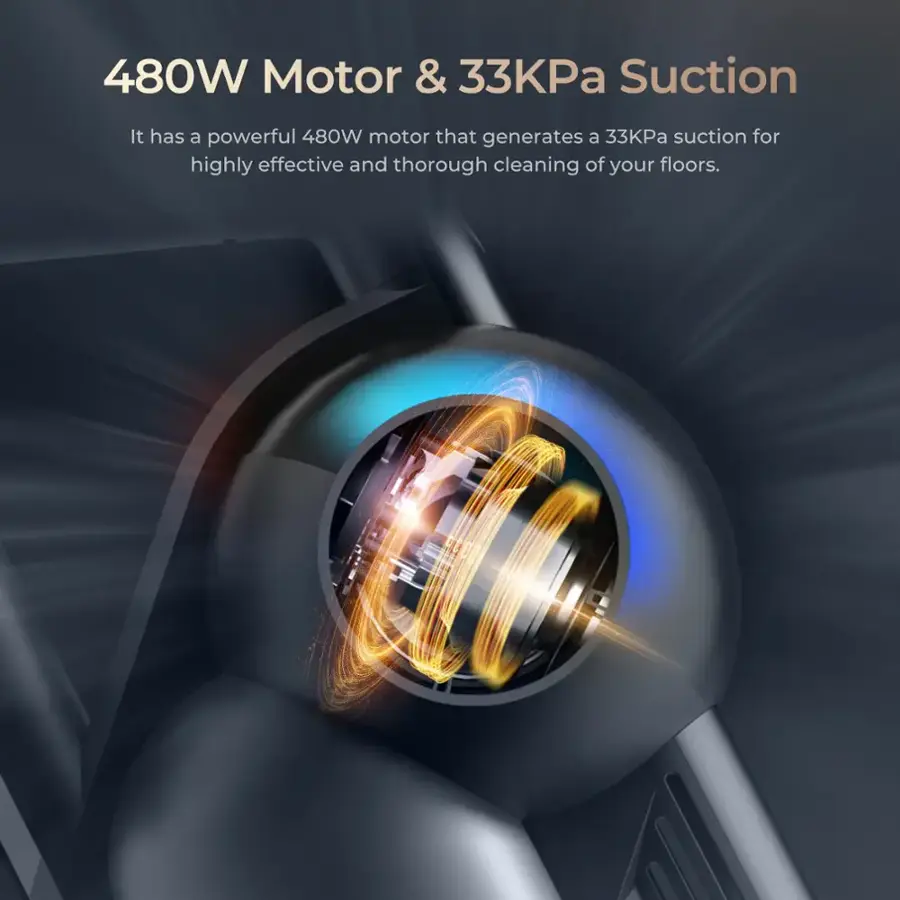 The text on the image reads: "480W Motor & 33KPa Suction." It has a powerful 480W motor that generates a 33KPa suction for highly effective and thorough cleaning of your floors.