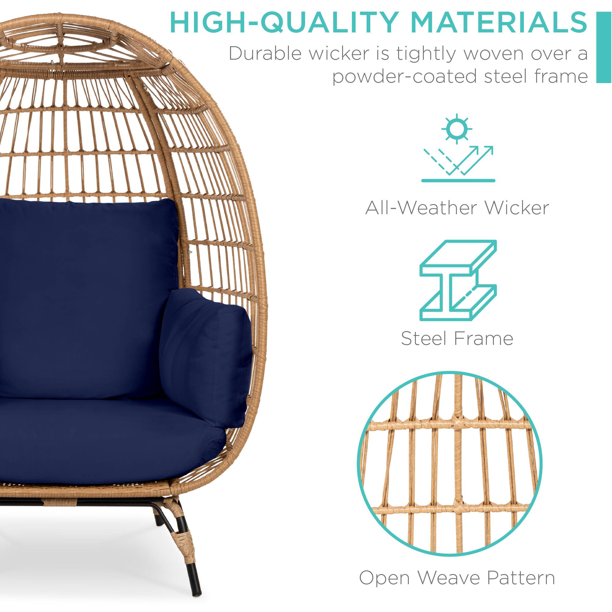 HIGH-QUALITY MATERIALS  
Durable wicker is tightly woven over a powder-coated steel frame

- All-Weather Wicker
- Steel Frame
- Open Weave Pattern
