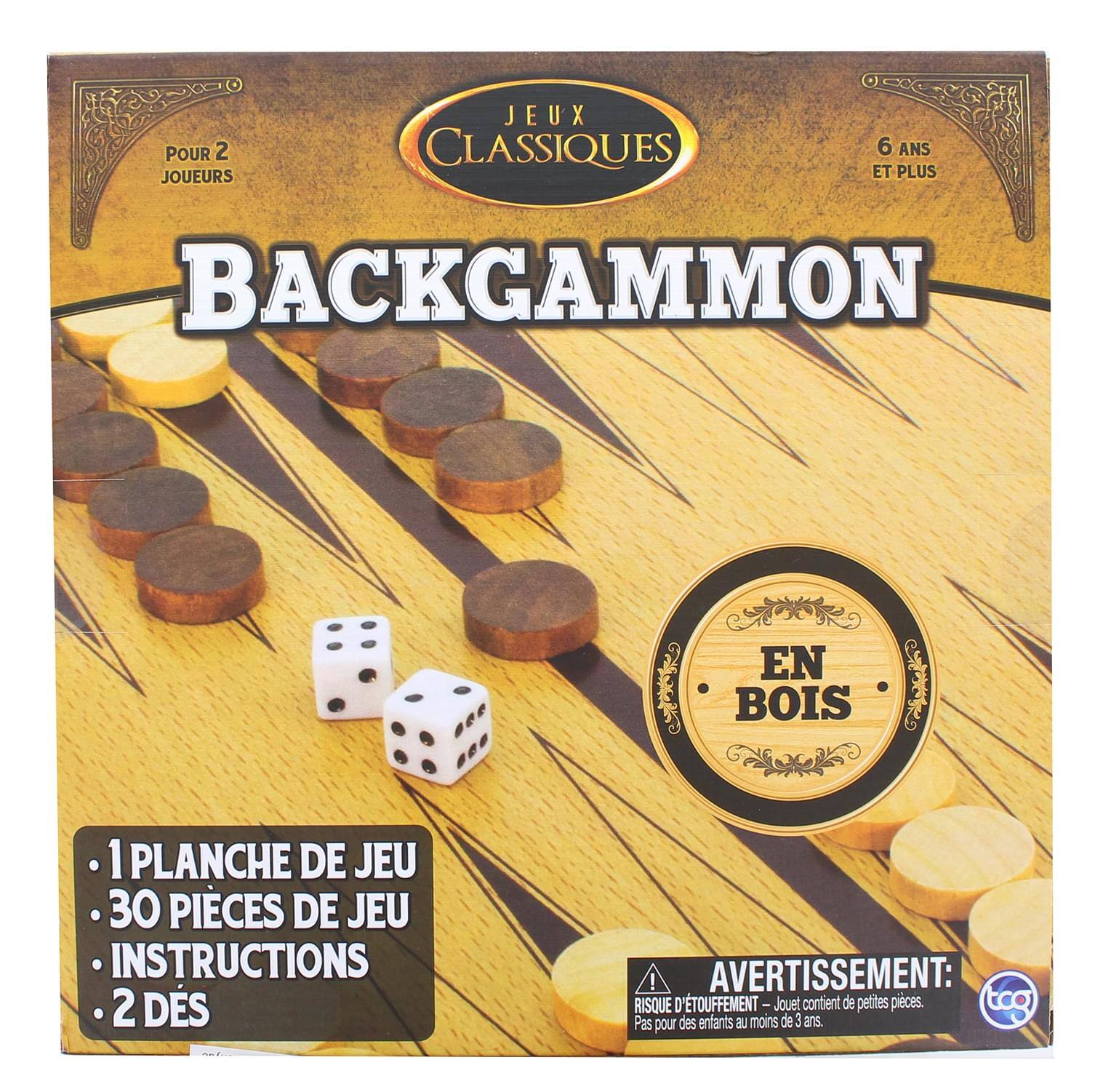 JEUX POUR 2 CLASSIQUES 6 ANS JOUEURS ET PLUS BACKGAMMON EN BOIS  
1 PLANCHE DE JEU  
30 PIÈCES DE JEU  
INSTRUCTIONS  
2 DÉS  

AVERTISSEMENT:  
RISQUE D'ÉTOUFFEMENT - Joueur contient de petites pièces.  
Pas pour des enfants au moins de 3 ans.