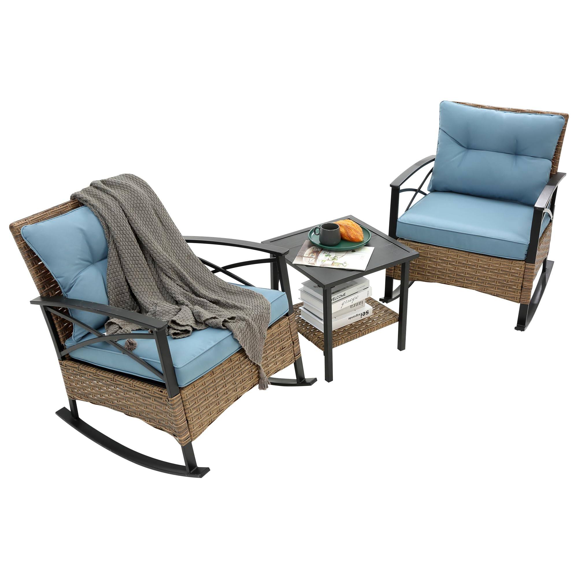 Ecooso - 3-Piece Rocking Rattan Outdoor Leisure Chair Set - Blue