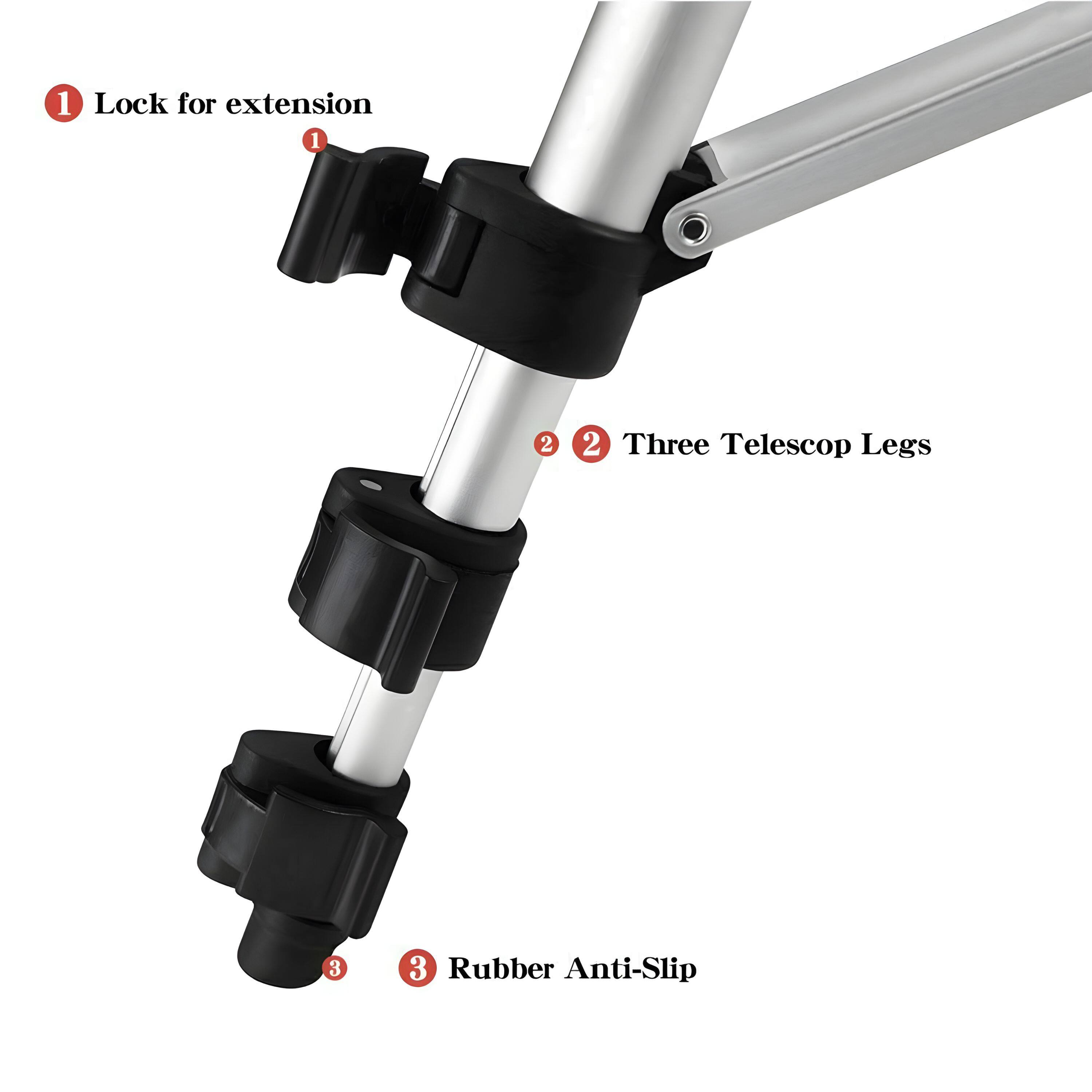 1. Lock for extension  
2. Three Telescopic Legs  
3. Rubber Anti-Slip