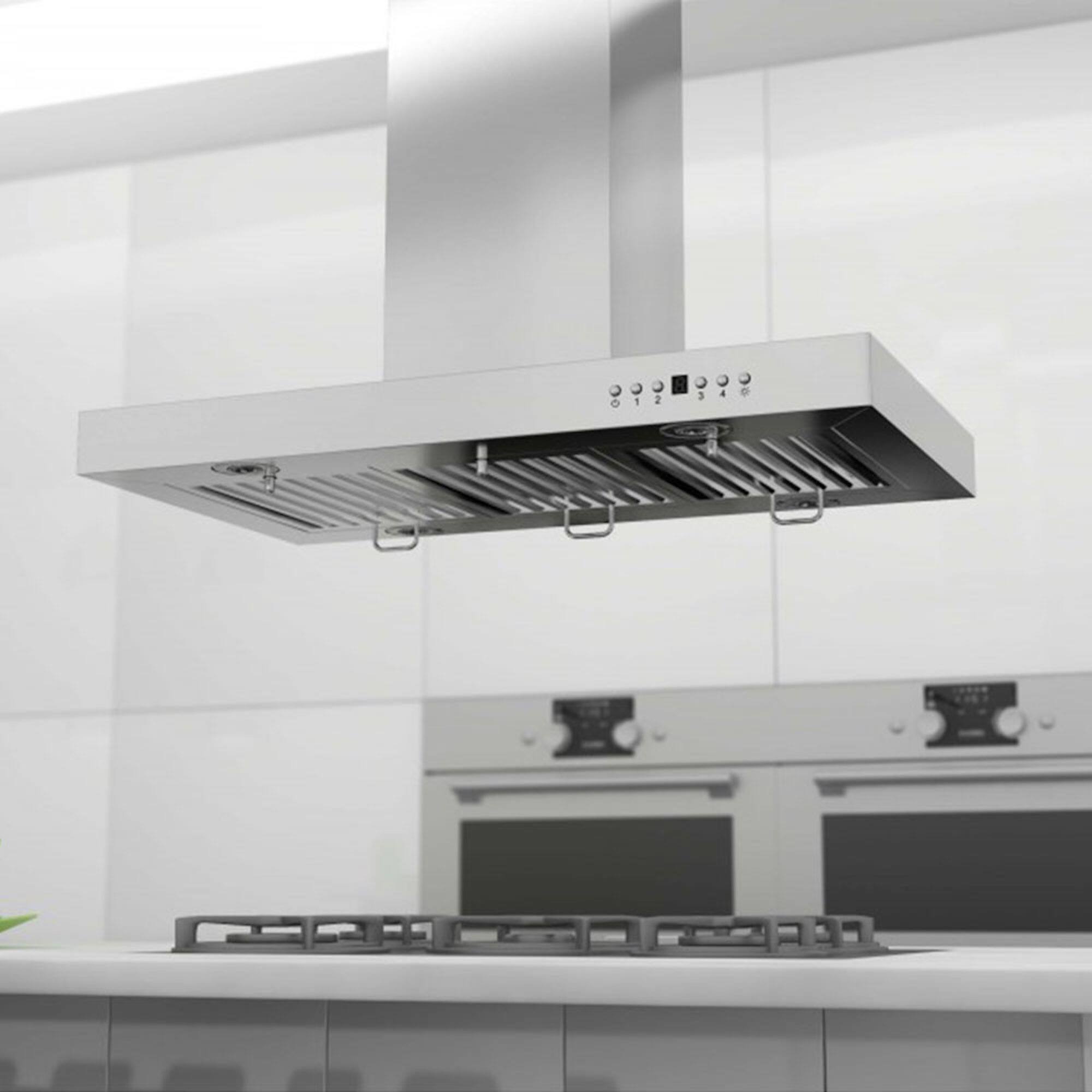 The image shows a kitchen with a stove top oven and a vent hood above it. The vent hood has a fan that is set to 340, and it has three settings: 1, 2, and 3. The oven has a digital display that shows the time and temperature. The kitchen also features a sink and a potted plant on the countertop.