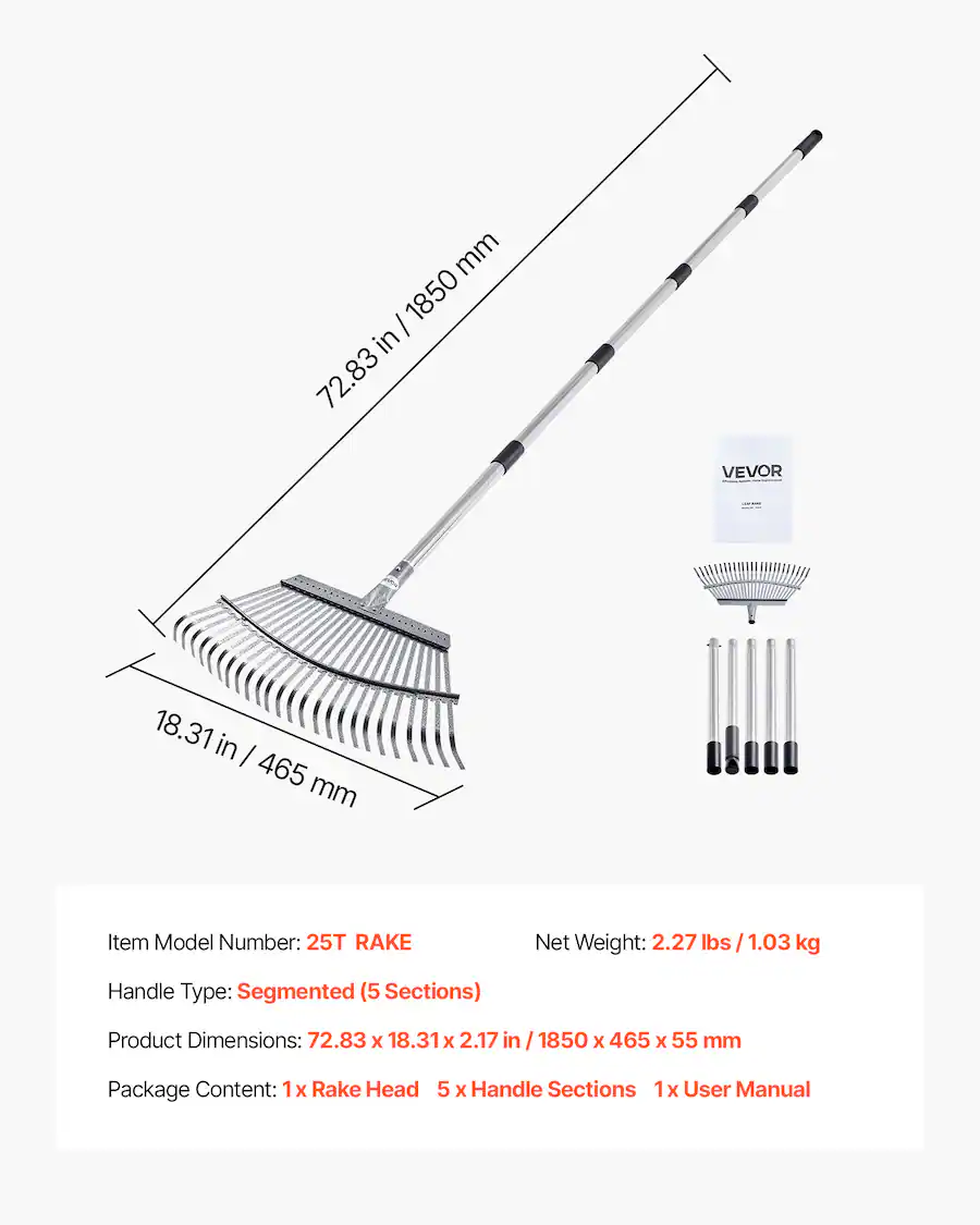 Package Rake VEVOR Leaf Rake, 25 Metal Tines, Adjustable Garden Rake for Lawns with ...