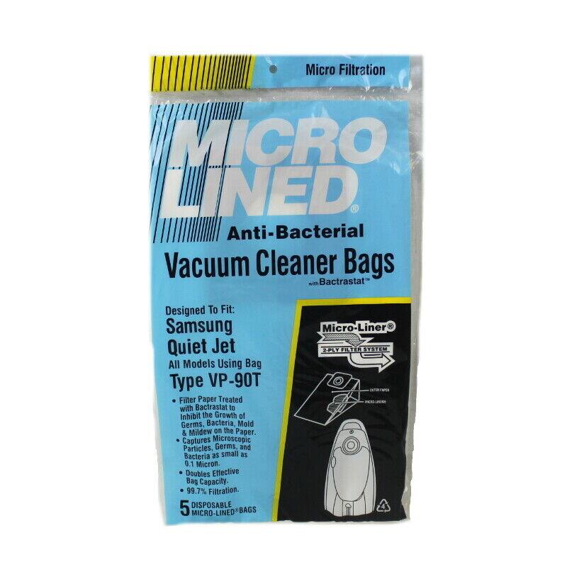 Micro Filtration MICRO LINED Anti-Bacterial Vacuum Cleaner Bags  
Designed To Fit: Samsung Quiet Jet All Models Using Bag Type VP-90T  
Filter Paper Treated with Bactrastat to Inhibit the Growth of Germs, Bacteria, Mold & Mildew on the Paper.  
Captures Microscopic Particles, Germs, and Bacteria as small as 0.1 Micron.  
Doubles Effective Bag Capacity.  
99.7% Filtration.  
5 DISPOSABLE MICRO-LINED BAGS  
Micro-Liner® 2-PLY FILTER SYSTEM