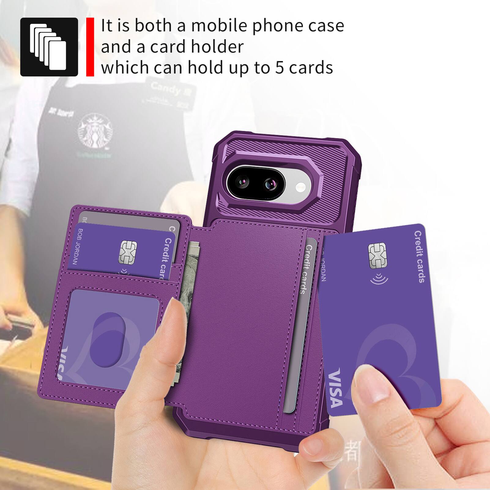 It is both a mobile phone case and a card holder which can hold up to 5 cards.