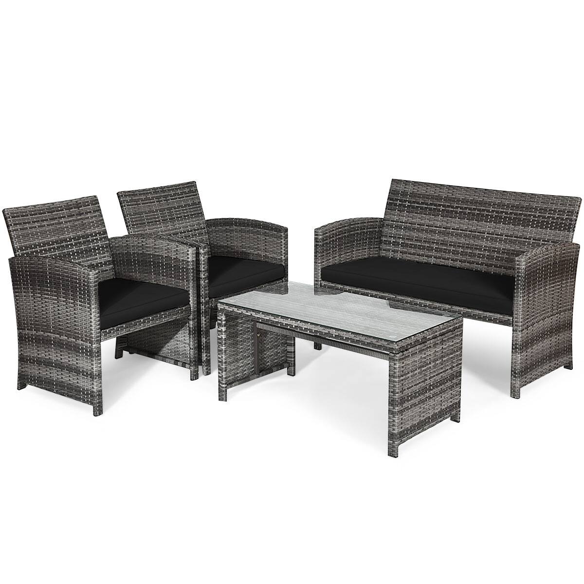 Costway - 4PCS Patio Rattan Furniture Set Conversation Glass Table Top Sofa Cushioned - Black