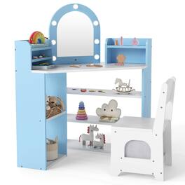 Costway - Corner Kids Vanity with Lights, 3 Storage Shelves, 5 Open Compartments, Accessories - Blue + White