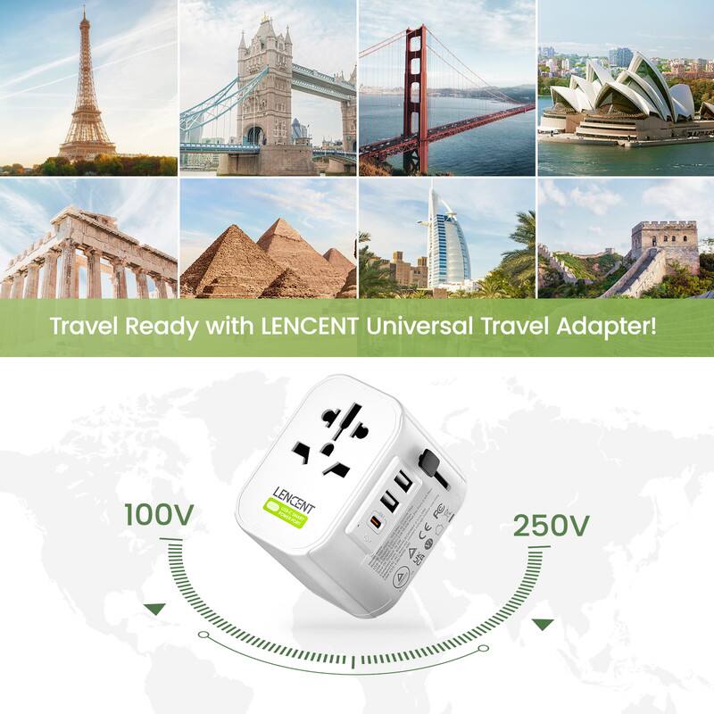 Travel Ready with LENCENT Universal Travel Adapter!

100V

LENCENT USACING POWER POWE

FC CE

250V