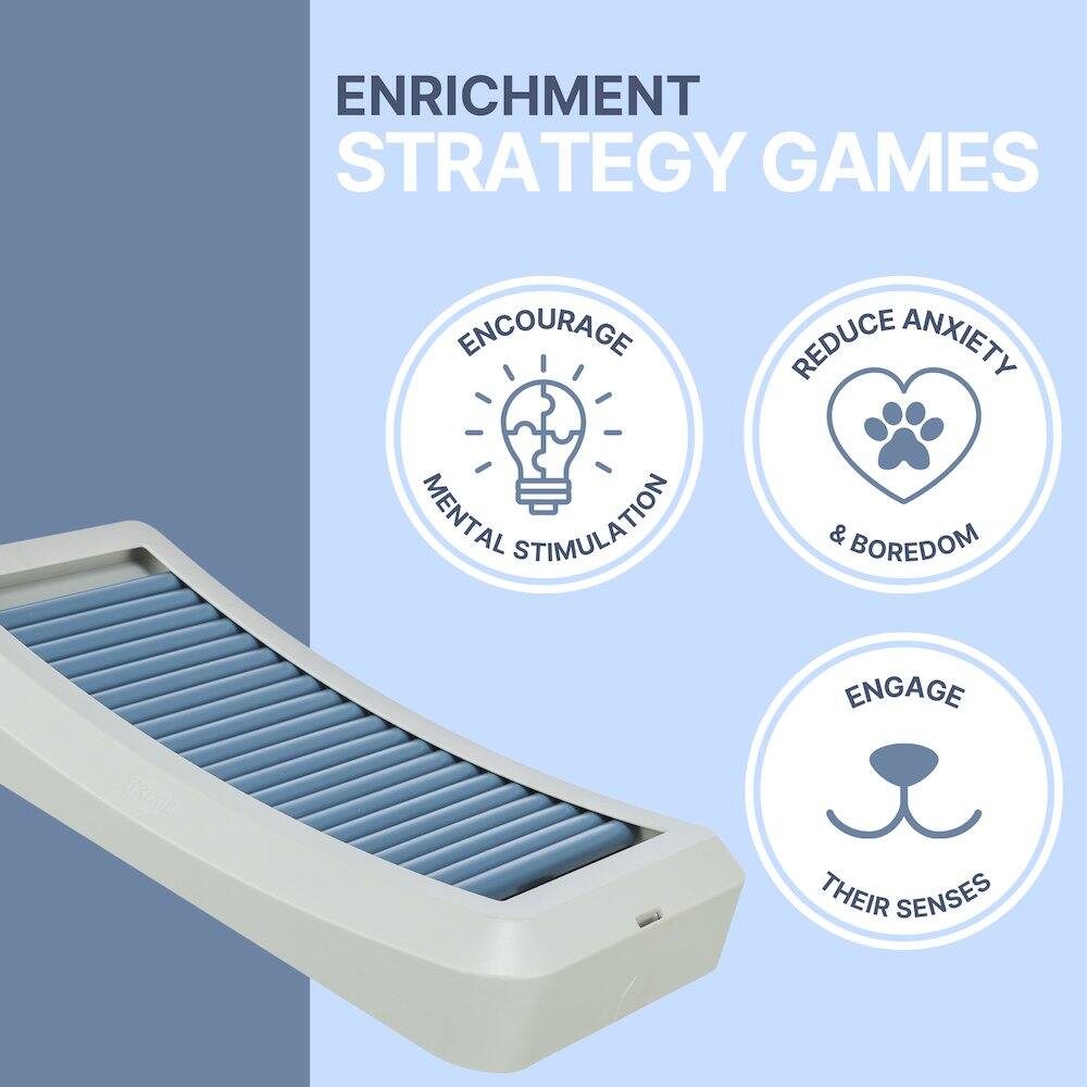 ENRICHMENT STRATEGY GAMES

- ENCOURAGE MENTAL STIMULATION
- REDUCE ANXIETY & BOREDOM
- ENGAGE THEIR SENSES
