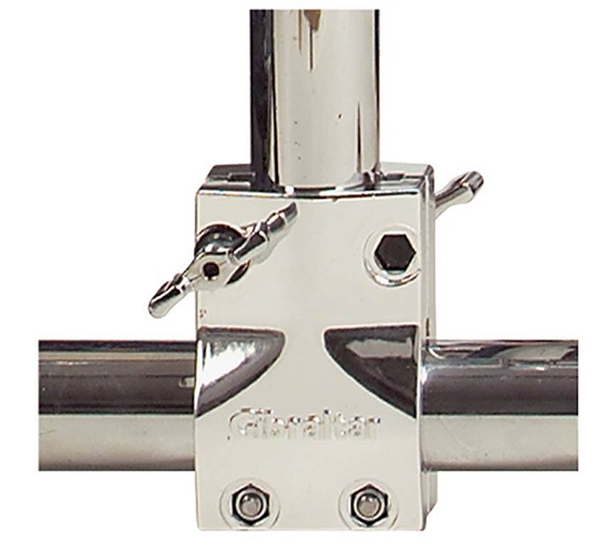 Front. Gibraltar Hardware - 1.5" Chrome Drum Rack T Clamp, Two-Piece Shell Design for 90-Degree Rack Bar Connection, Rock-Solid T-Leg Support.