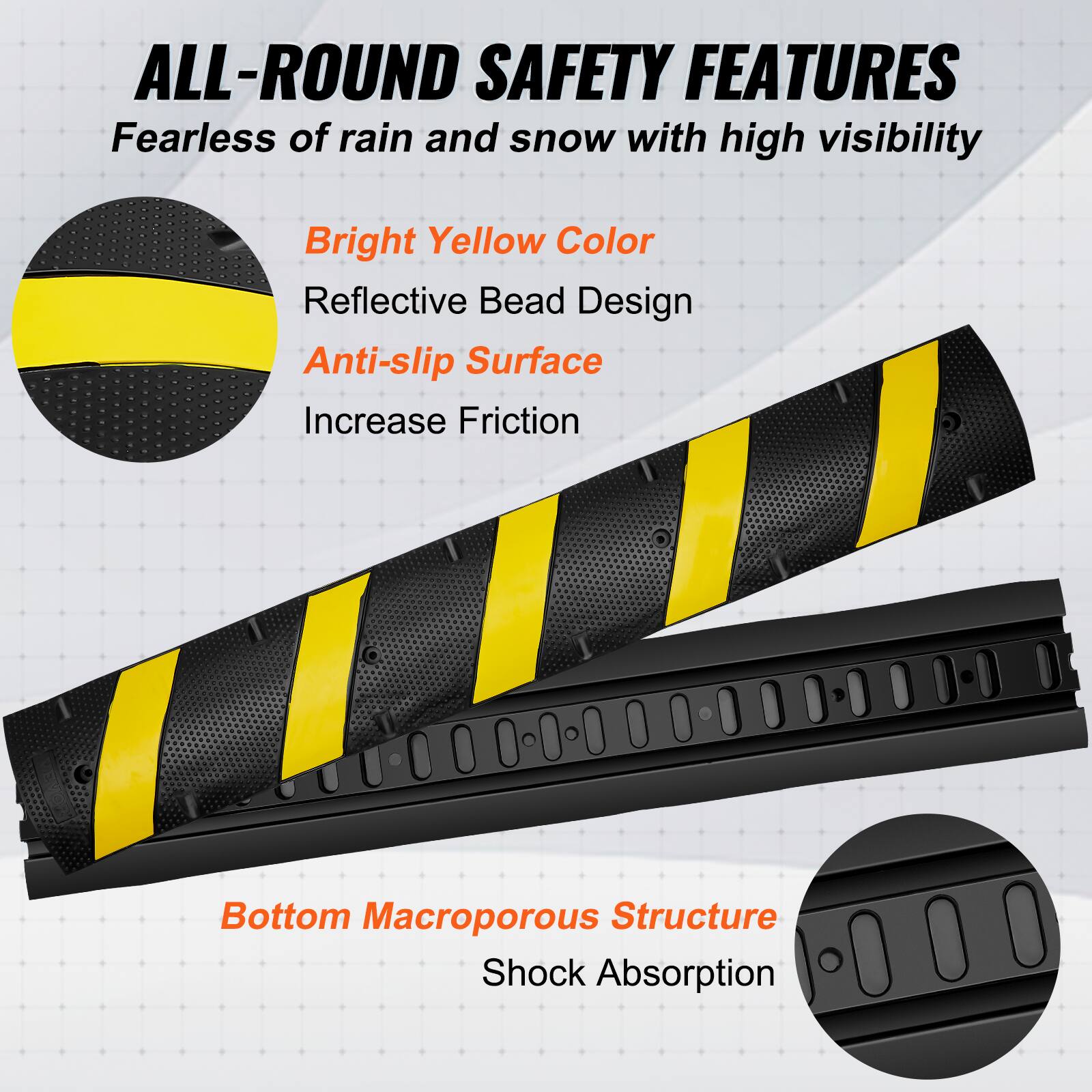 ALL-ROUND SAFETY FEATURES

Fearless of rain and snow with high visibility

Bright Yellow Color
Reflective Bead Design
Anti-slip Surface
Increase Friction

Bottom Macroporous Structure
Shock Absorption
