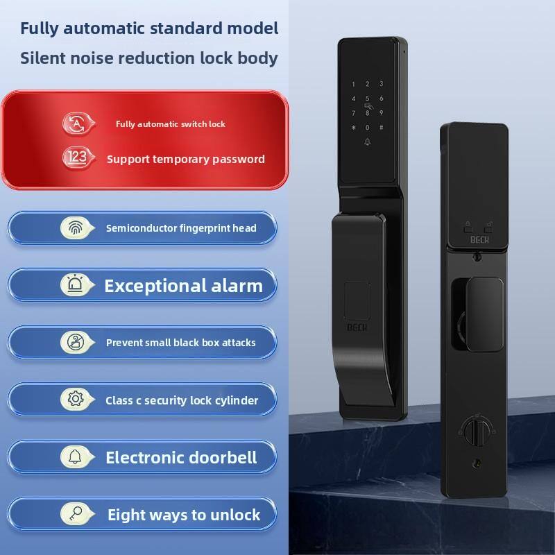 Fully automatic standard model  
Silent noise reduction lock body  
1. Fully automatic switch lock  
2. Support temporary password  
3. Semiconductor fingerprint head  
4. Exceptional alarm  
5. Prevent small black box attacks  
6. Class C security lock cylinder  
7. Electronic doorbell  
8. Eight ways to unlock