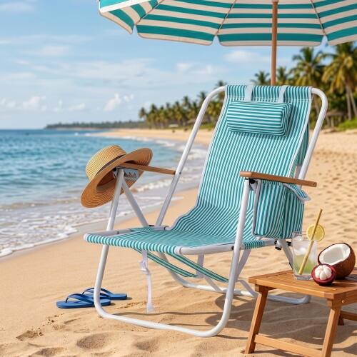 Alt View 10. Winado - Folding Beach Chair, Portable Reclining Lounge Chair with Adjustable 4-Position, Padded Headrest for Beach Pool Garden - Mint Green & White Stripes.