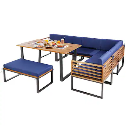 Front. Pefilos - 8 Pieces Patio Acacia Wood Dining Table Set, Dining Table Set with Ottoman Cushions, Whole Patio Set for Outdoor - Blue.