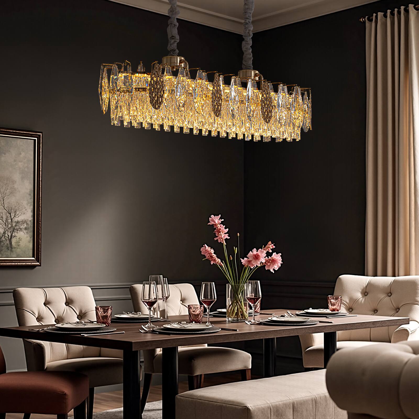 Left. Siljoy - 40" Modern Gold Linear K9 Crystal Chandelier, Height Adjustable LED Pendant Light for Kitchen Island Dining Living Foyer - Gold.
