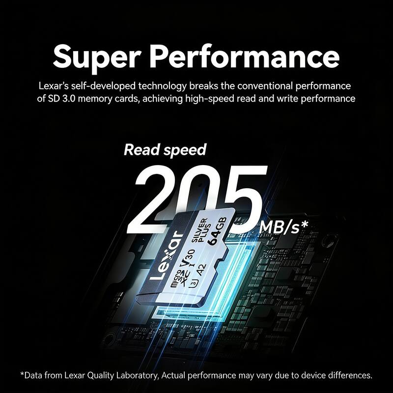 Super Performance  
Lexar's self-developed technology breaks the conventional performance of SD 3.0 memory cards, achieving high-speed read and write performance.  
Read speed 205 MB/s  

64GB  
Lexar  
A2  

*Data from Lexar Quality Laboratory, Actual performance may vary due to device differences.