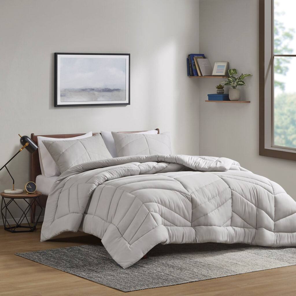Alt View 1. Gracie Mills - Gracie Mills Solid Quilted Chevron Comforter Set with 350 GSM Polyfill - Gray.