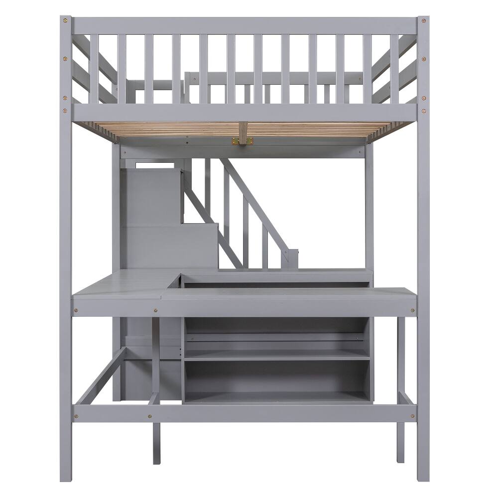 Alt View 8. Loheer - Loheer Full Size Loft Bed with Desk, Gray Loft Bed with Storage Stairs and Shelves, Pine Wood - Gray.