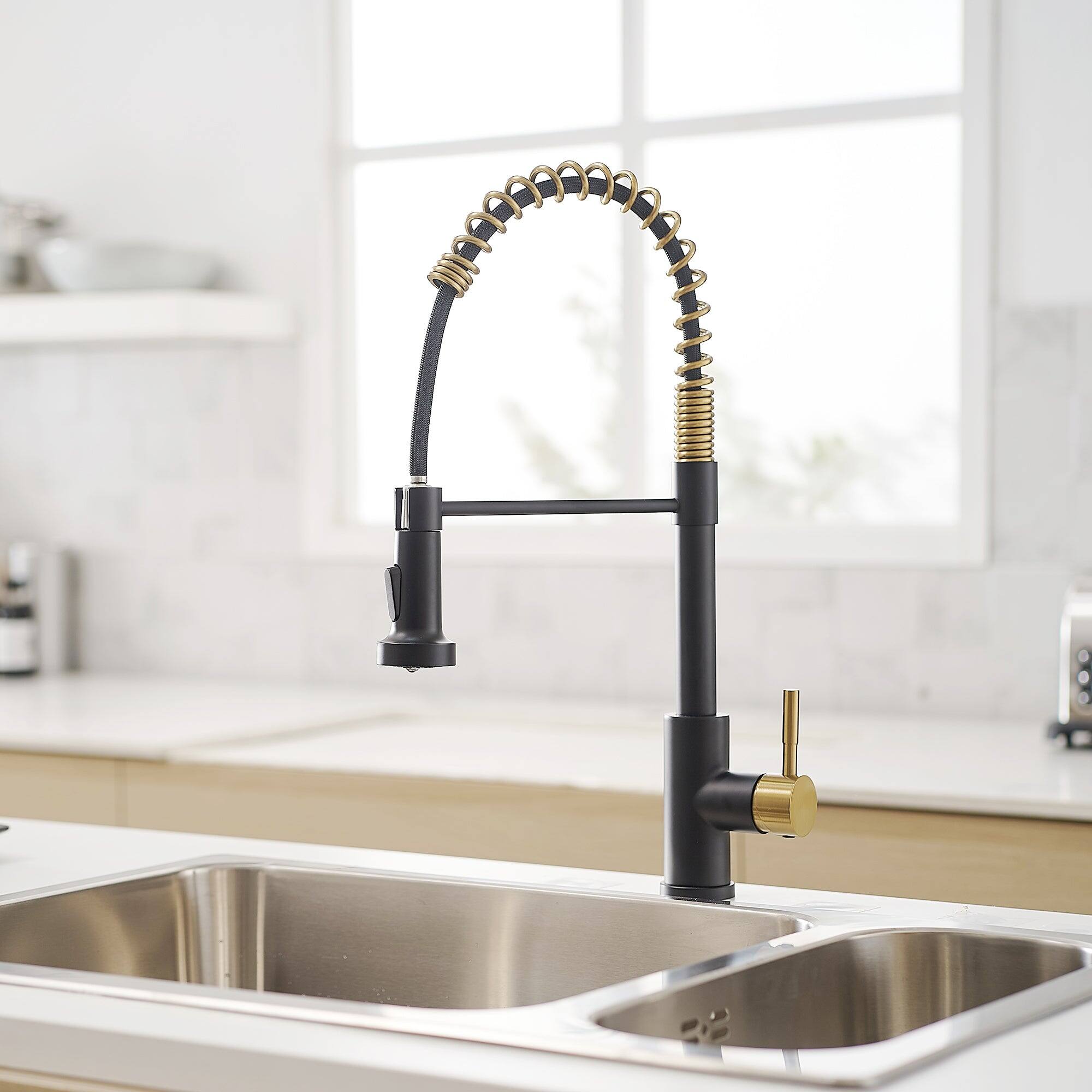 Alt View 10. Boyel Living - Matte Black with Brushed Gold Stainless Steel Pull Down Sprayer Kitchen Faucet with Water Supply Hoses - Matte Black with Brushed Gold.