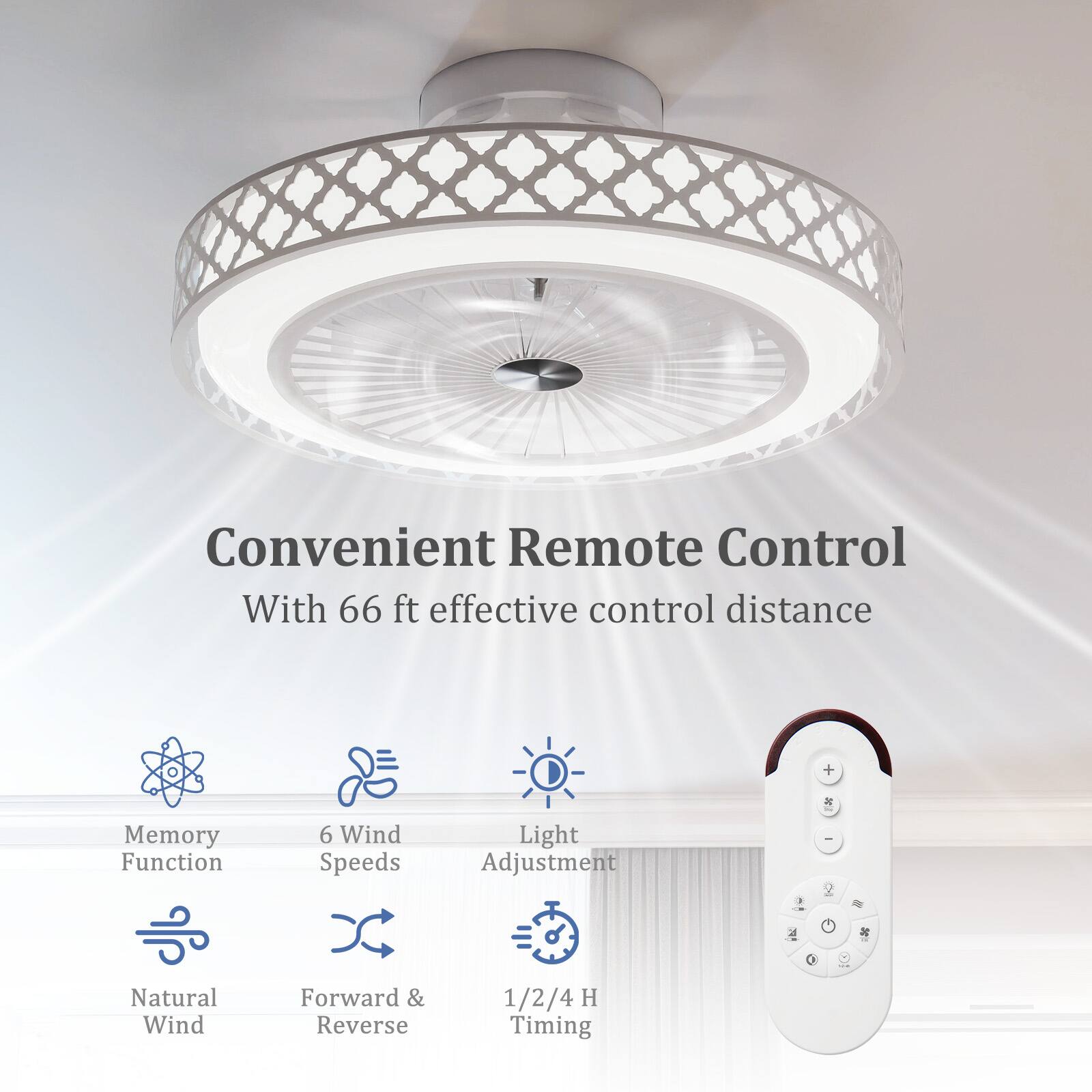 Convenient Remote Control With 66 ft effective control distance + Memory Function 6 Wind Speeds Light Adjustment Natural Wind Forward & Reverse 1/2/4 H Timing