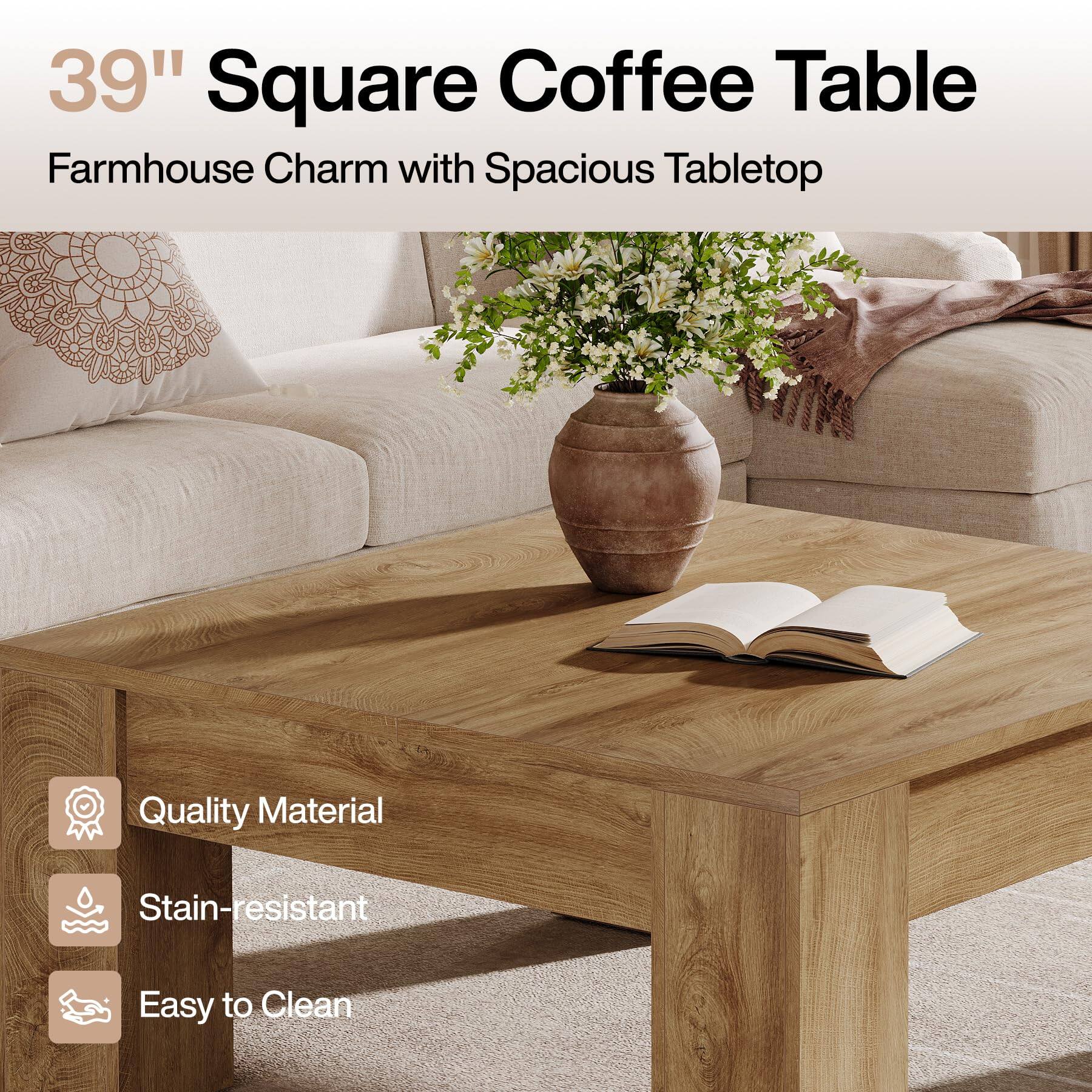 39" Square Coffee Table  
Farmhouse Charm with Spacious Tabletop

Quality Material  
Stain-resistant  
Easy to Clean