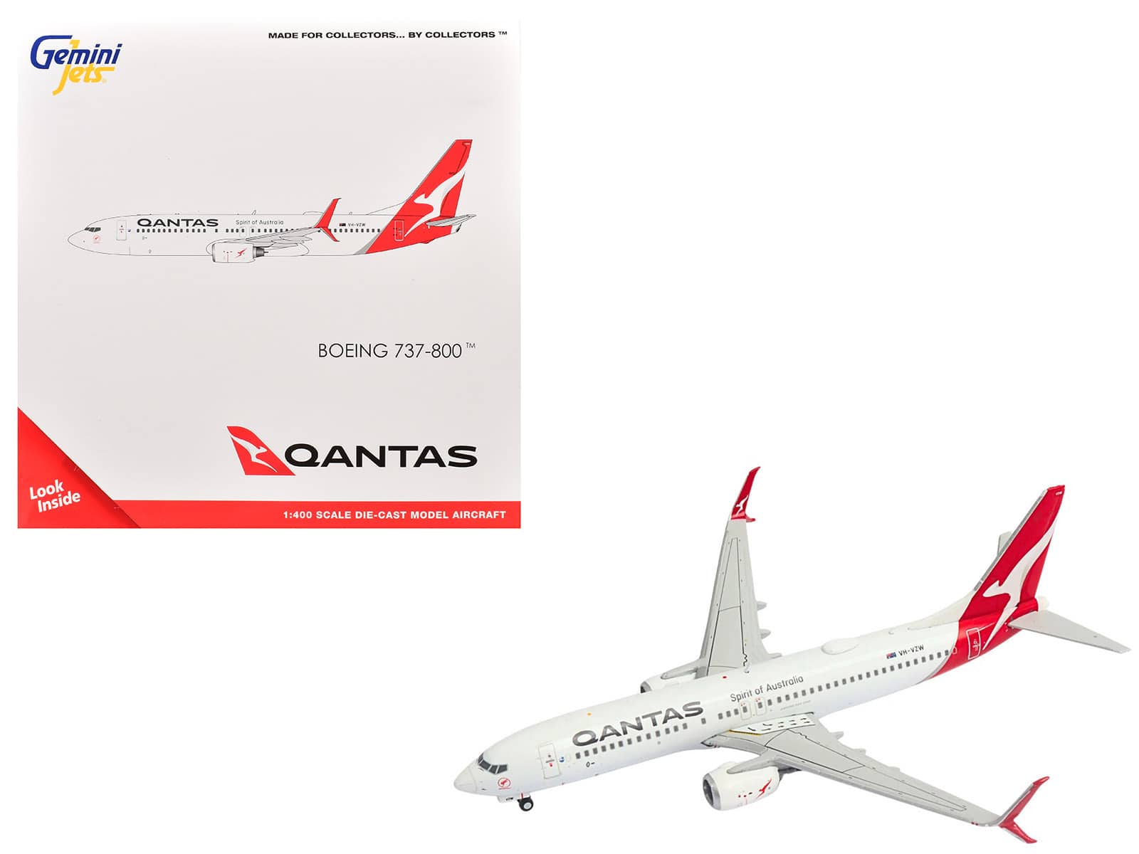 Boeing 737-800 Qantas Airways VH-VZW White Red Tail GeminiJets 1/400 Diecast Model Airplane - Multi