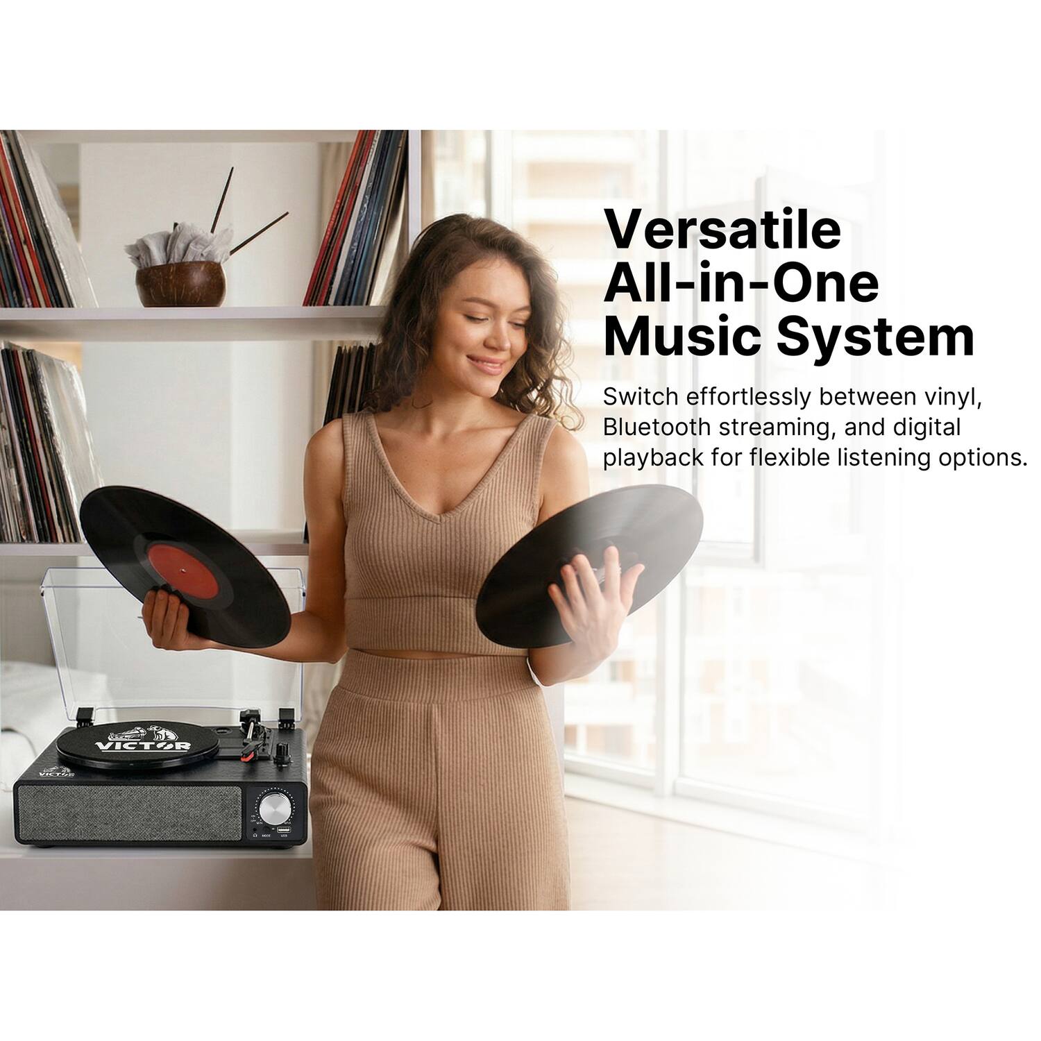 Versatile All-in-One Music System

Switch effortlessly between vinyl, Bluetooth streaming, and digital playback for flexible listening options.