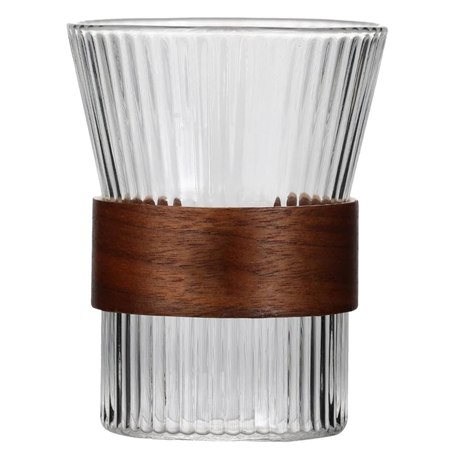 Angle. Jay Import - Clear Set of 4 Old Fashion Glasses with Wood Band 9.47OZ. - Clear.