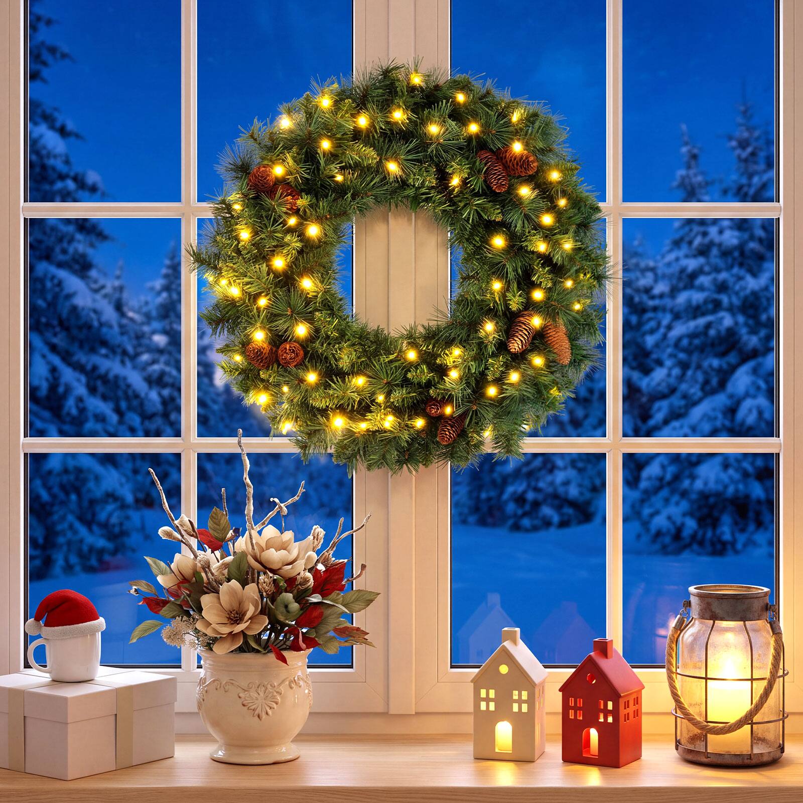 Alt View 5. Costway - Costway 1 PCS Pre-Lit Christmas Wreath with 143 Full Branch Tips 10 Pine Cones 50 LED Lights - Green.