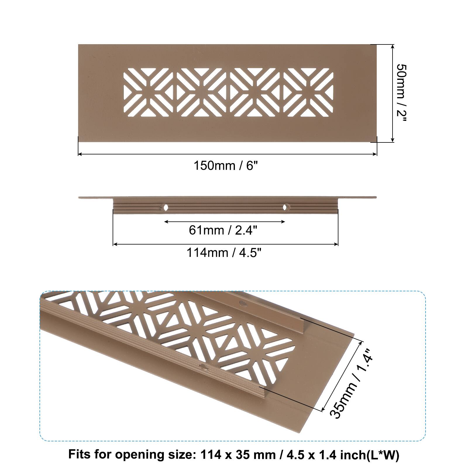 50mm / 2"  
150mm / 6"  
61mm / 2.4"  
114mm / 4.5"  
35mm / 1.4"  

Fits for opening size: 114 x 35 mm / 4.5 x 1.4 inch (L*W)