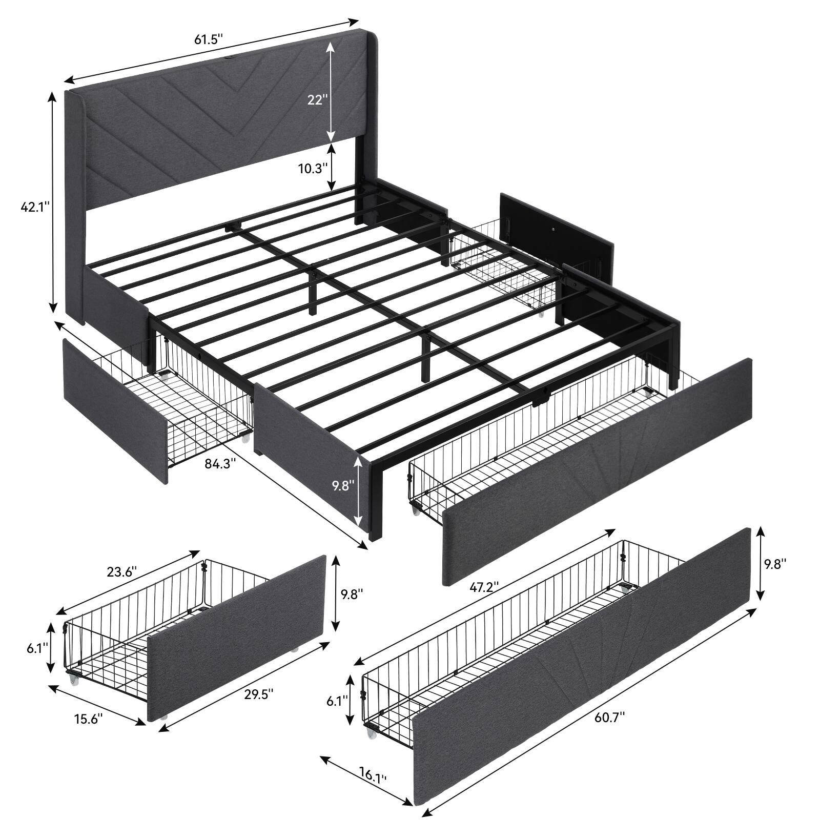 61.5", 22", 10.3", 42.1", 84.3", 9.8", 23.6", 9.8", 47.2", 9.8", 6.1", 15.6", 29.5", 6.1", 60.7", 16.1"